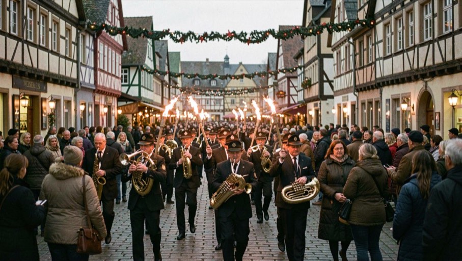 Abends zieht eine Blaskapelle mit Fackeln über einen vollen Marktplatz, Girlanden spannen sich zwischen den Fachwerkhäusern.
