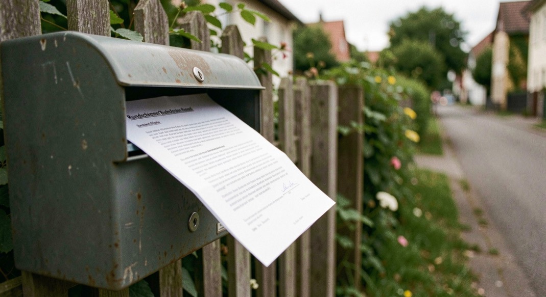Aus einem Briefkasten am Gartenzaun ragt ein gefaltetes Rundschreiben, im Hintergrund liegt eine sommerliche Straße.