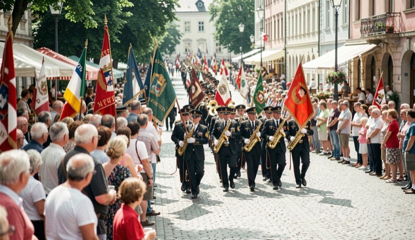 Ein Festzug mit Fahnen und Blaskapelle zieht bei Sommerlicht über einen vollen Marktplatz, Zuschauer stehen dicht am Rand.