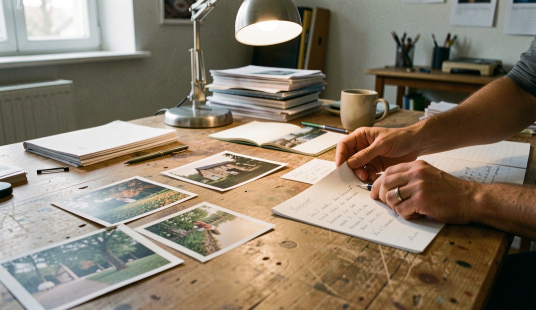 Zwei Hände ordnen Fotografien und handschriftliche Notizen auf einem großen Arbeitstisch unter einer Lampe.