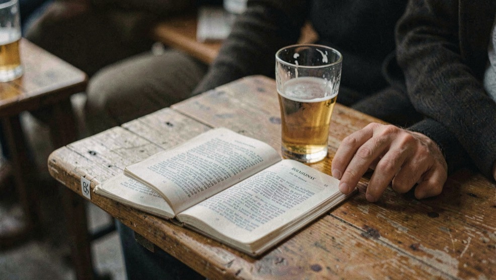 Ein Holztisch vor einer geöffneten Scheune, darauf ein Glas mit dunklem Obstbrand, daneben ein Korb mit frisch geernteten Zwetschgen, im Hintergrund ein Rebstock im Nachmittagslicht.