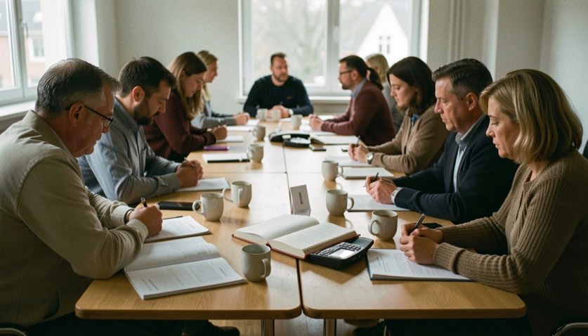 In einem Saal sitzen Menschen um zusammengeschobene Tische, vor ihnen liegen Listen, Kaffeetassen und ein aufgeschlagenes Kassenbuch.
